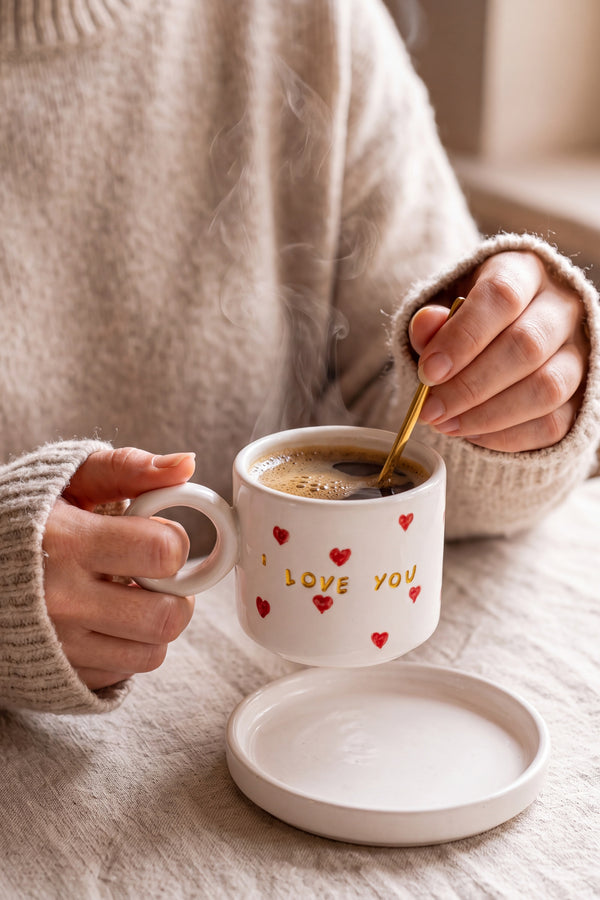 I Love You Amore El Yapımı Seramik Double Kahve Fincanı Mug Kupa – görsel 2