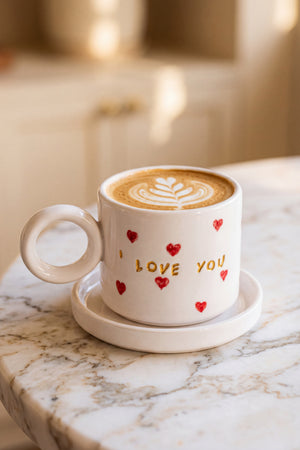 I Love You Amore El Yapımı Seramik Double Kahve Fincanı Mug Kupa – görsel 3