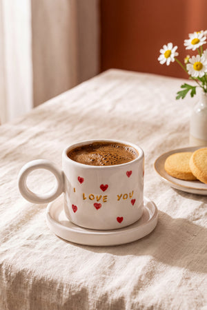 I Love You Amore El Yapımı Seramik Double Kahve Fincanı Mug Kupa – görsel 5