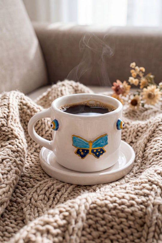 Kelebek Amore El Yapımı Seramik Double Kahve Fincanı Mug Kupa