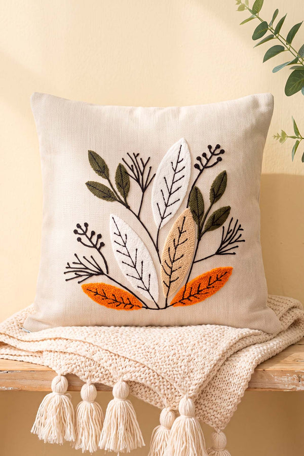 Botanik Yaprak Desenli Punch Dekoratif Kırlent Kılıfı