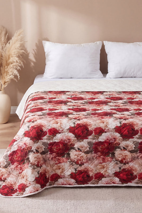 Kırmızı Gül 5D Çok Amaçlı Çift Kişilik Baskılı Pike & Yatak Örtüsü 200x220 cm