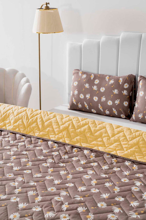 Kahve Papatyalı Kapitone Çift Kişilik Pamuklu Pike & Yatak Örtüsü