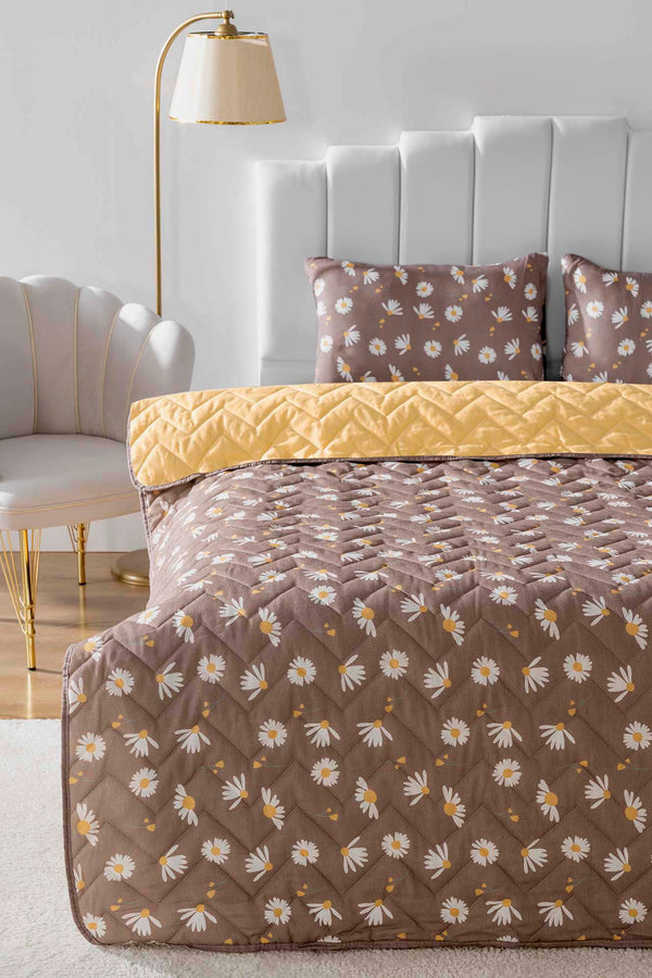 Kahve Papatyalı Kapitone Çift Kişilik Pamuklu Pike & Yatak Örtüsü