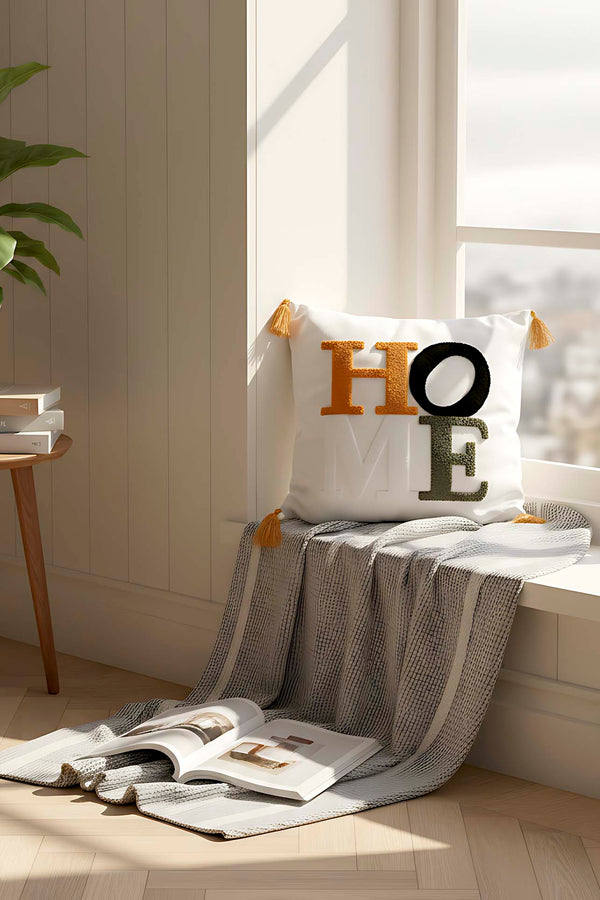 Sarı Püsküllü Home Punch Kırlent Kılıfı