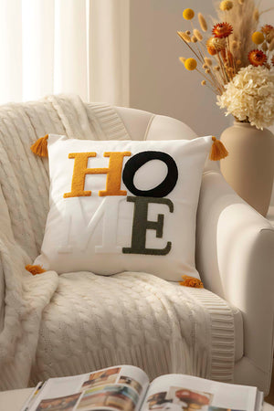 Sarı Püsküllü Home Punch Kırlent Kılıfı