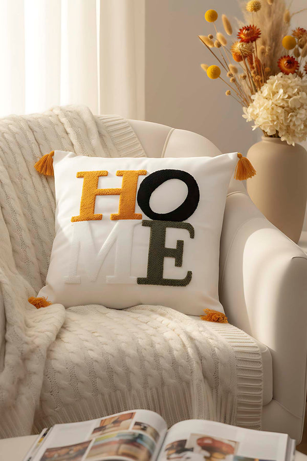 Sarı Püsküllü Home Punch Kırlent Kılıfı