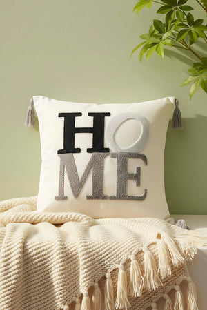 Gri Püsküllü Home Punch Kırlent Kılıfı