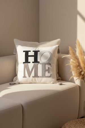 Gri Püsküllü Home Punch Kırlent Kılıfı