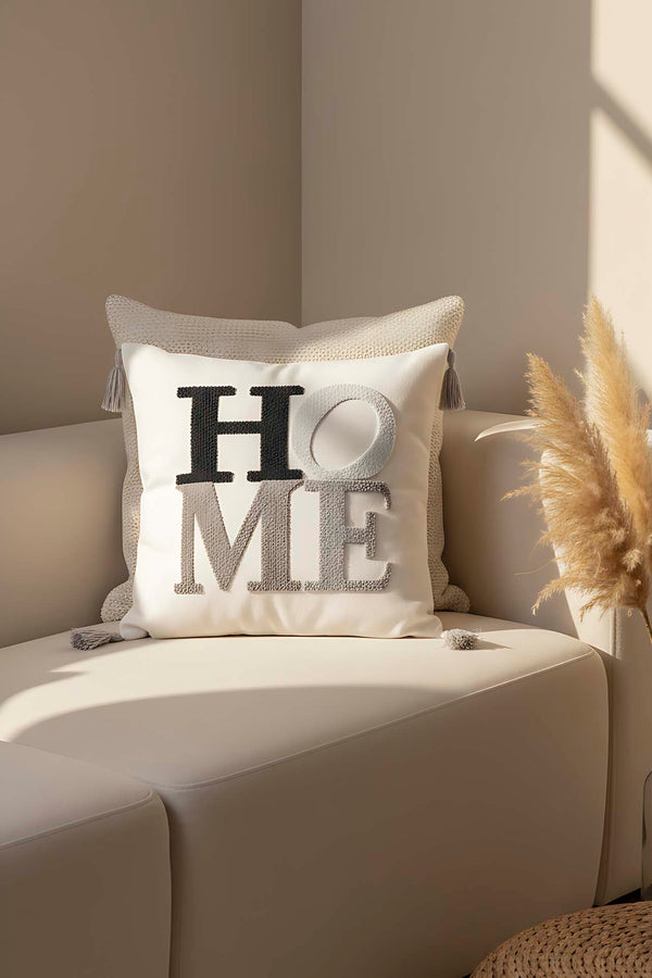 Gri Püsküllü Home Punch Kırlent Kılıfı