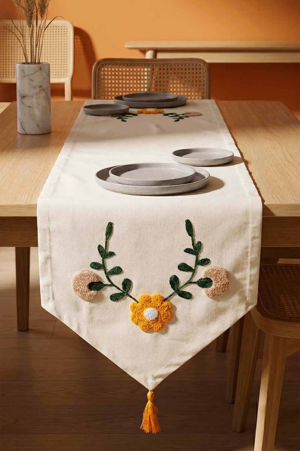 Sarı Papatya Punch İşlemeli Runner 35x140 cm