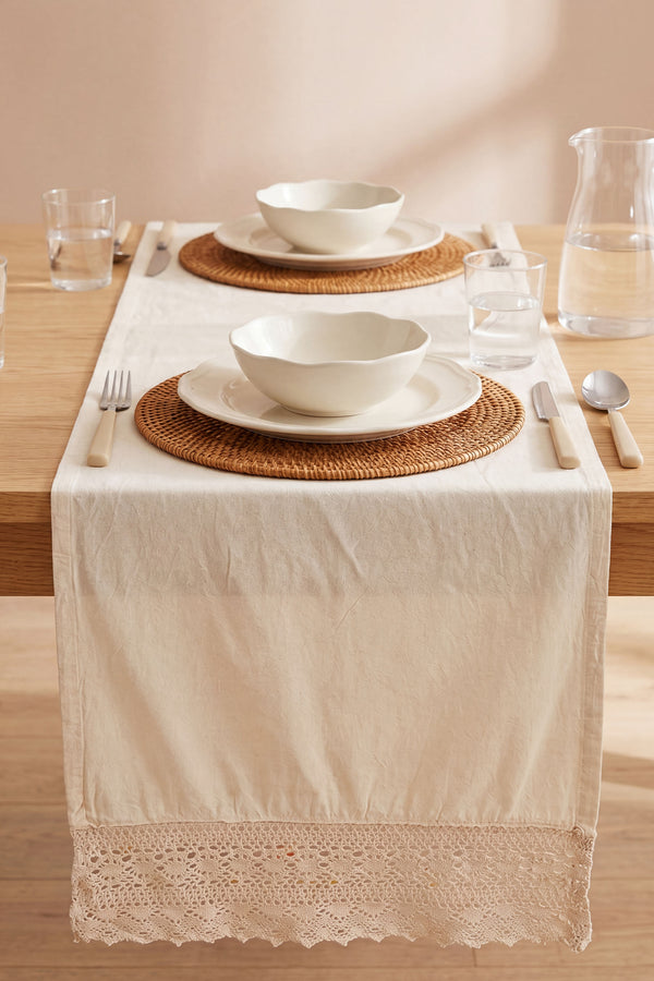 Krem Lacy Pamuklu Dantelli Runner 40x150 cm
