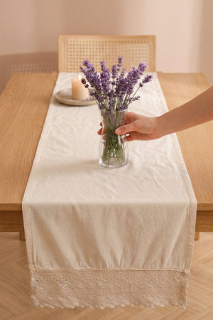 Krem Lacy Pamuklu Dantelli Runner 40x150 cm