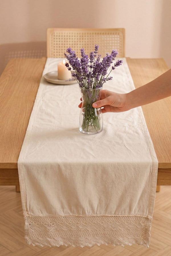 Krem Lacy Pamuklu Dantelli Runner 40x150 cm