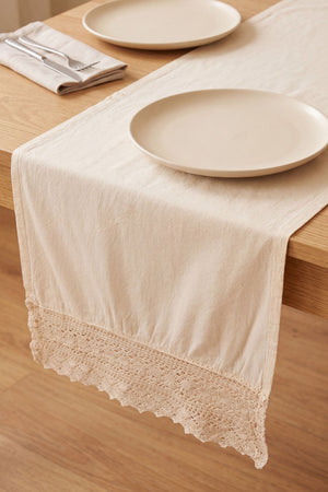 Krem Lacy Pamuklu Dantelli Runner 40x150 cm