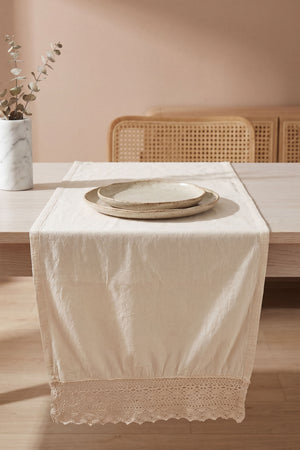 Krem Lacy Pamuklu Dantelli Runner 40x150 cm