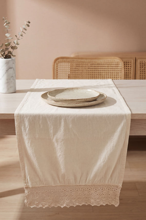Krem Lacy Pamuklu Dantelli Runner 40x150 cm