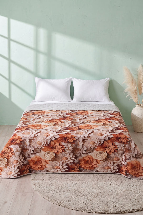 Krem Karamel 5D Çok Amaçlı Çift Kişilik Baskılı Pike & Yatak Örtüsü 200x220 cm