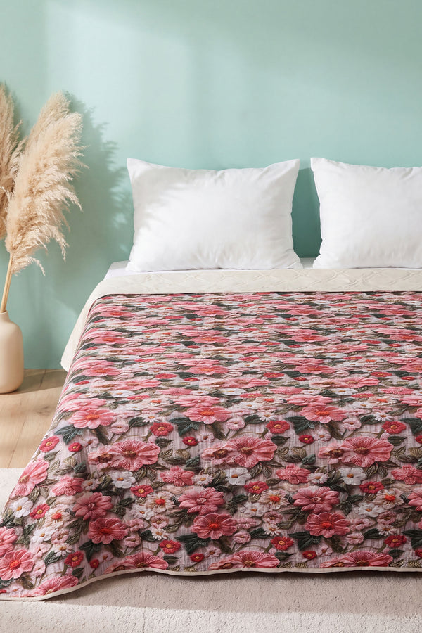 Pembe Gül 5D Çok Amaçlı Çift Kişilik Baskılı Pike & Yatak Örtüsü 200x220 cm