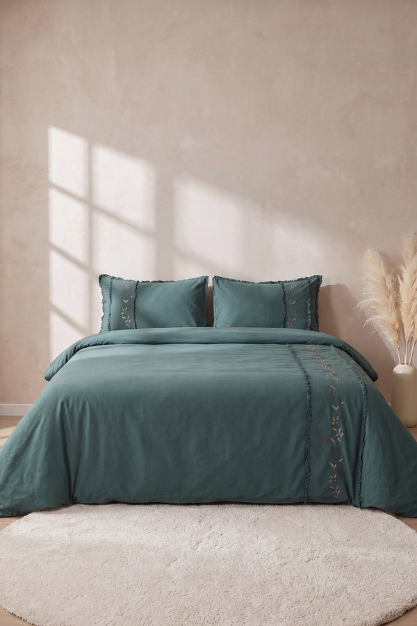 Lucyna Dark Green %100 Pamuklu Çift Kişilik Nevresim Takımı - 4 Parça