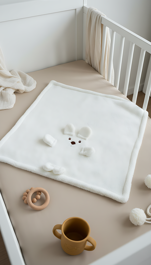 Ayıcık Figürlü Beyaz Peluş Bebek Battaniyesi