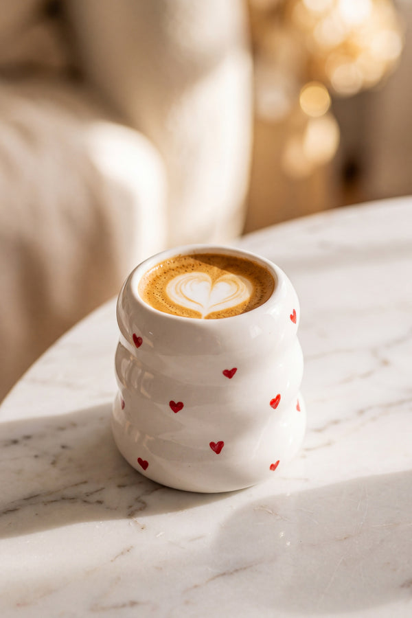 Mini Kalpler Amore seramik kupa mermer masada latte