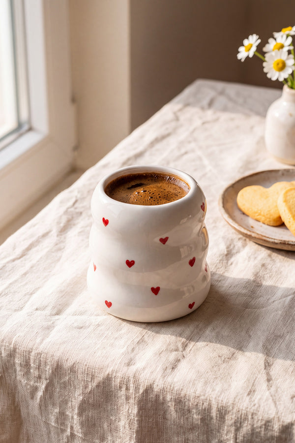 Mini Kalpler Amore seramik kupa keten masa örtüsünde kurabiye ve papatyalarla