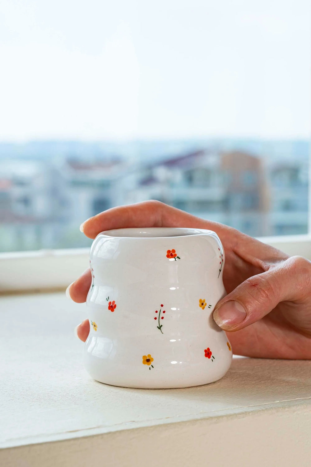 Minimal Çiçekler Amore El Yapımı Seramik Double Kahve Bardağı Mug Kupa