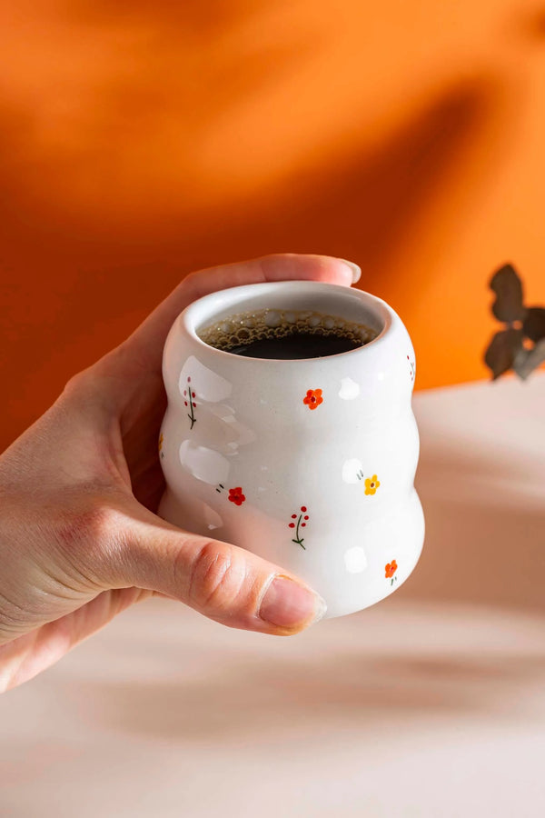 Minimal Çiçekler Amore El Yapımı Seramik Double Kahve Bardağı Mug Kupa