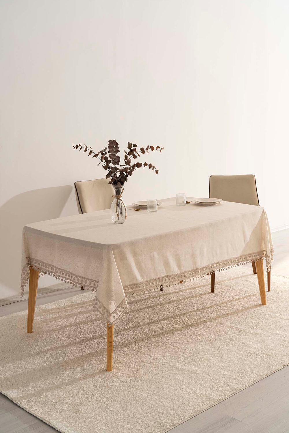 Elegant Bej Çift Sıra Güpür Masa Örtüsü 160x220 cm
