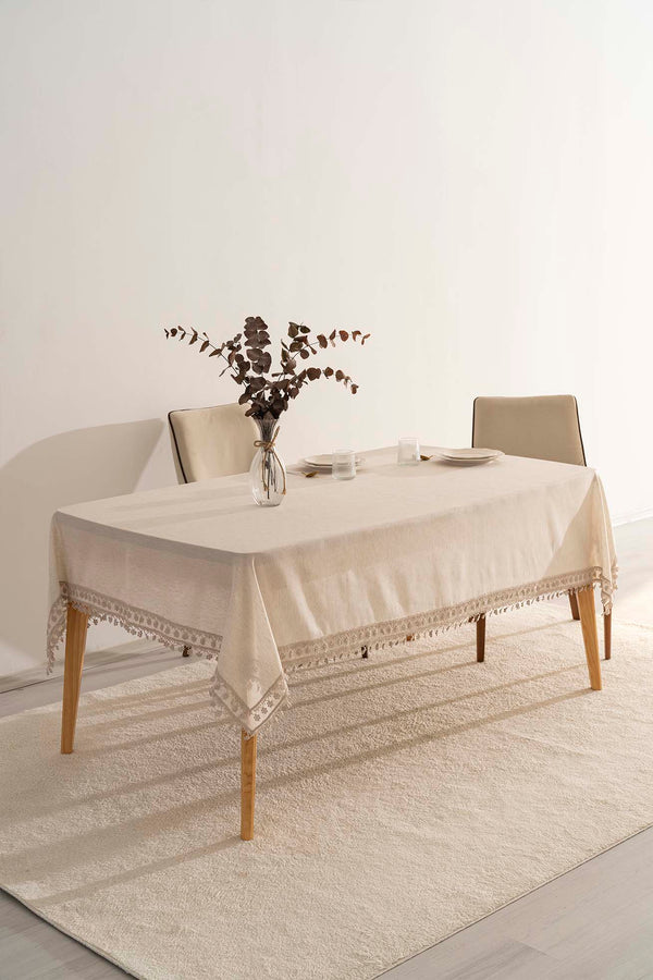 Elegant Bej Çift Sıra Güpür Masa Örtüsü 160x220 cm