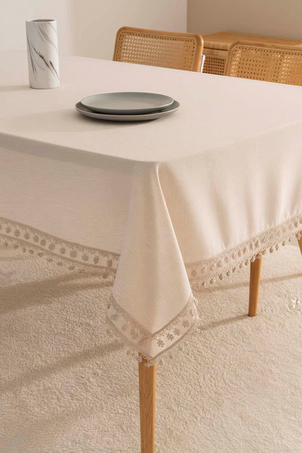 Elegant Bej Çift Sıra Güpür Masa Örtüsü 160x220 cm