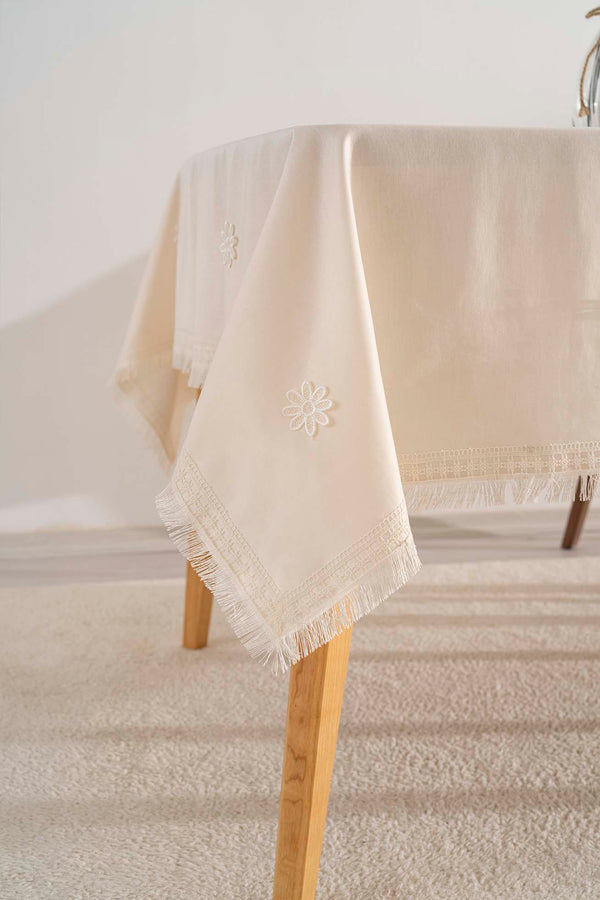 Silvio Krem Güpür Çiçekli Masa Örtüsü 160x220 cm