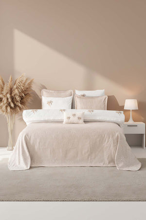 Palmiye Vizon Nakışlı Çift Kişilik Nevresimli Pike Seti - 8 Parça Çeyiz Seti