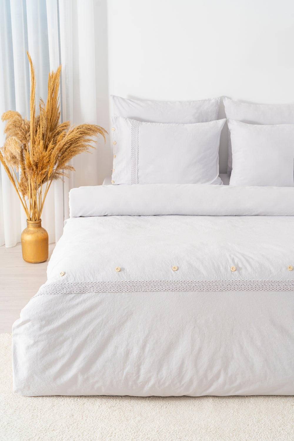 Grace Taş Güpürlü Çift Kişilik %100 Pamuklu Nevresim Seti - 6 Parça Çeyiz Seti