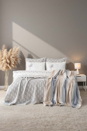 Mode Gri Nakışlı Çift Kişilik Nevresimli Battaniye Seti - 8 Parça Çeyiz Seti