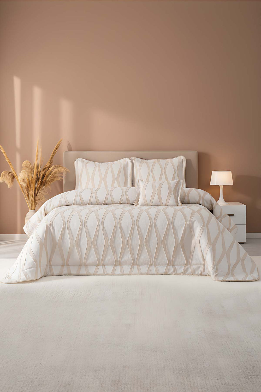 Carina Cappuccino Nakışlı Çift Kişilik Yatak Örtüsü Seti - 4 Parça Çeyiz Seti