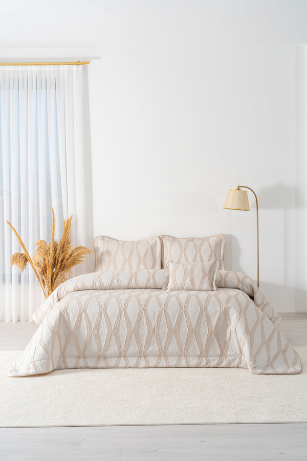 Carina Cappuccino Nakışlı Çift Kişilik Yatak Örtüsü Seti - 4 Parça Çeyiz Seti