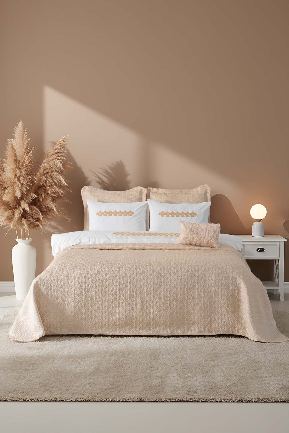 Parla Cappuccino Nakışlı Çift Kişilik Nevresimli Pike Seti - 8 Parça Çeyiz Seti