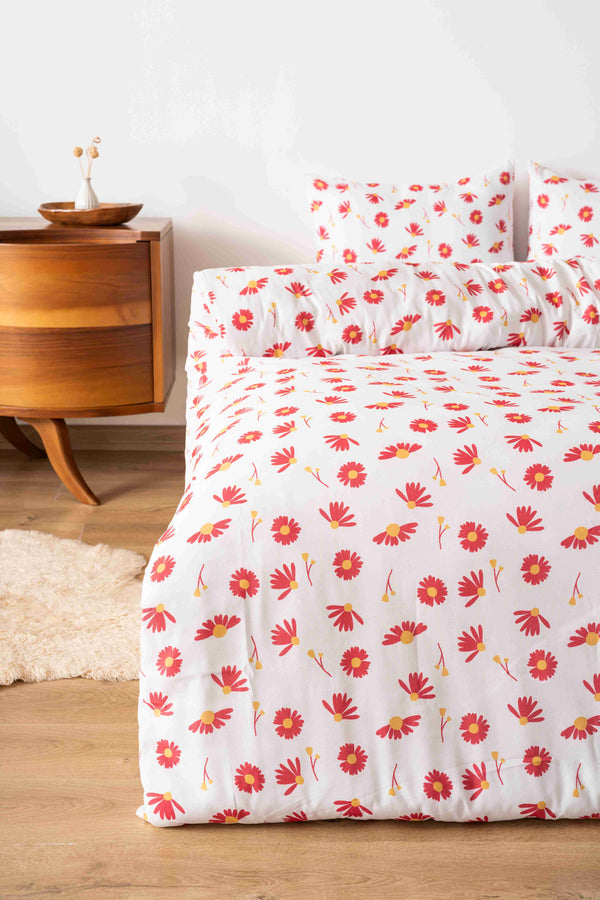 Kırmızı Papatya Outlet Çift Kişilik Nevresim Takımı Pamuklu