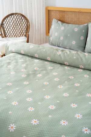 Minimal Yeşil Papatya Outlet Çift Kişilik Baskılı Pike 200 x 220 cm