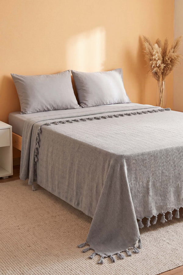 Gri Natural Çift Kişilik Baskılı Pike & Yatak Örtüsü 200x230 cm