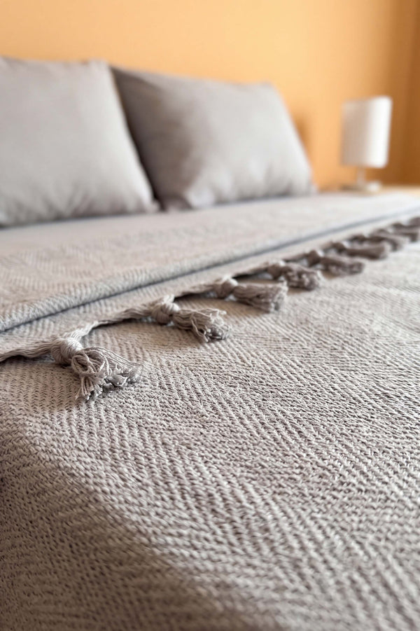 Gri Natural Çift Kişilik Baskılı Pike & Yatak Örtüsü 200x230 cm