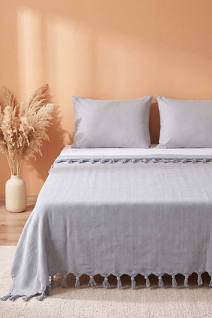 Gri Natural Çift Kişilik Baskılı Pike & Yatak Örtüsü 200x230 cm