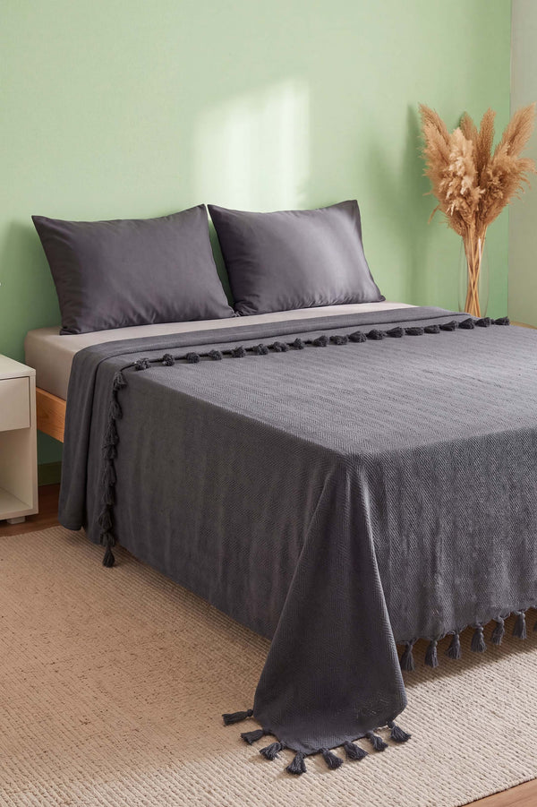Antrasit Natural Çift Kişilik Baskılı Pike & Yatak Örtüsü 200x230 cm