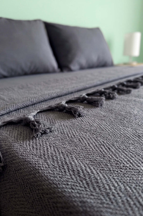 Antrasit Natural Çift Kişilik Baskılı Pike & Yatak Örtüsü 200x230 cm