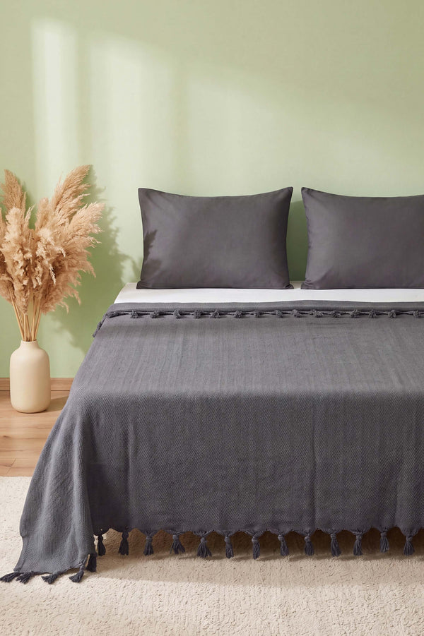 Antrasit Natural Çift Kişilik Baskılı Pike & Yatak Örtüsü 200x230 cm