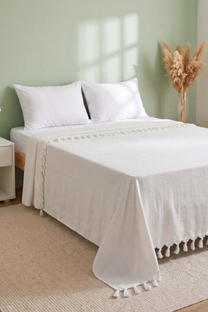 Ekru Natural Çift Kişilik Baskılı Pike & Yatak Örtüsü 200x230 cm