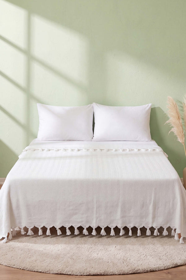 Ekru Natural Çift Kişilik Baskılı Pike & Yatak Örtüsü 200x230 cm