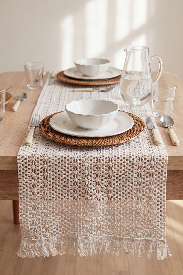 Krem Popillon Pamuklu Püsküllü Runner 35x145 cm